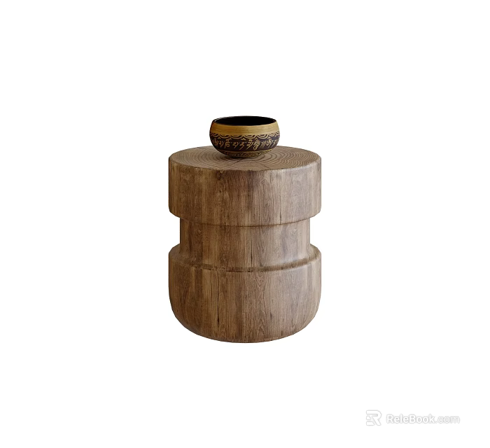 Wooden Side Table With Cylindrical Layered Structure And Decorative Bowl On Top 3d model 