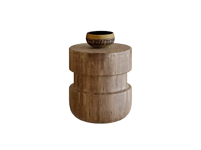 Wooden Side Table With Cylindrical Layered Structure And Decorative Bowl On Top 3d model