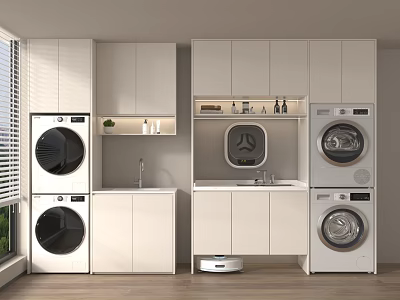 Modern Balcony Cabinet Design With Washing Machine Dryer Sink And Storage Space 3d model