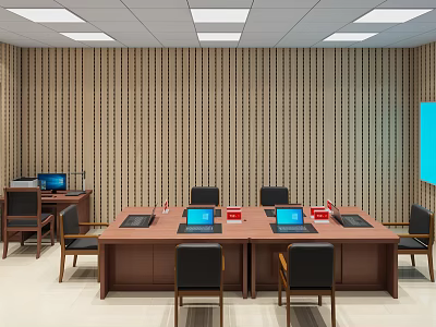 Modern Conference Room With Wooden Wall Panels Long Table Laptops And Ceiling Lights 3d model