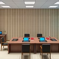 Modern Conference Room With Wooden Wall Panels Long Table Laptops And Ceiling Lights