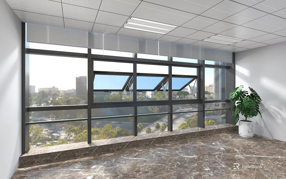 Modern Office Interior With Large Windows City View And Marble Floor 3d model 