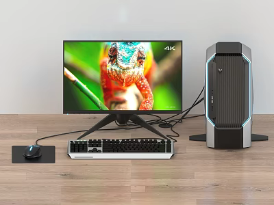 4K Monitor With Colorful Chameleon Display And Modern Gaming PC Desktop Setup 3d model