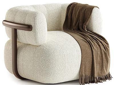 Cream Colored Textured Fabric Armchair With Dark Brown Wooden Armrest And Brown Fringe Blanket 3d model