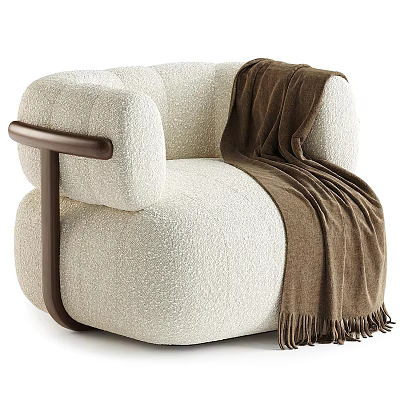 Cream Colored Textured Fabric Armchair With Dark Brown Wooden Armrest And Brown Fringe Blanket 3d model