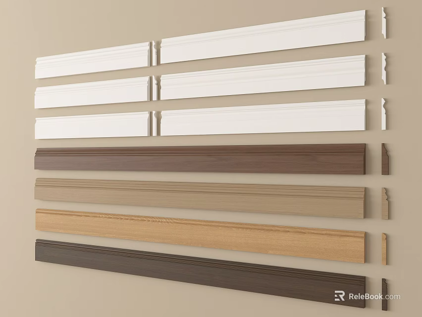 Various Wood And White Trim Molding In Different Colors On Beige Wall 3d model 