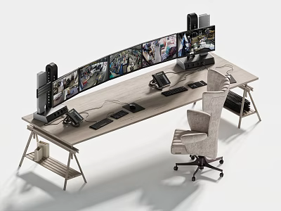 Functional Gaming Desk with Curved Multi-Monitor Setup Speakers Keyboard Mouse and Ergonomic Chair 3d model