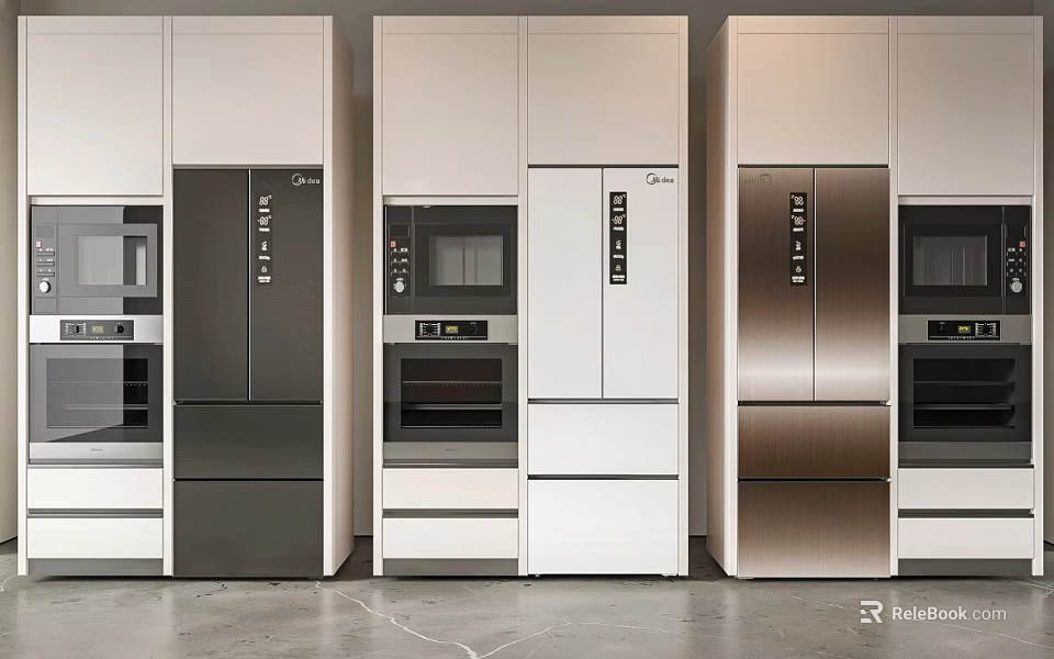 Stylish Modern Kitchen Featuring Fridge Freezers In Black White Copper Tones With Built In Ovens 3d model 