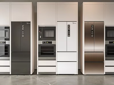 Stylish Modern Kitchen Featuring Fridge Freezers In Black White Copper Tones With Built In Ovens 3d model