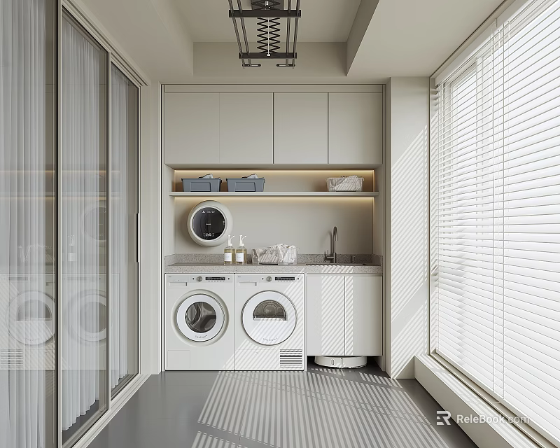 Modern Home Balcony Interior With Washing Machines Storage Shelves Cabinets And Blinds 3d model 