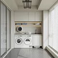 Modern Home Balcony Interior With Washing Machines Storage Shelves Cabinets And Blinds