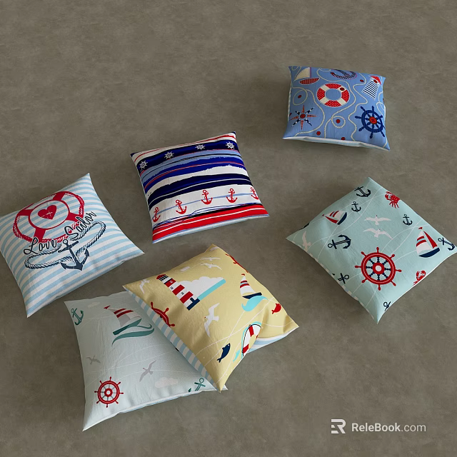Nautical Themed Decorative Pillows With Anchor Steering Wheel Lifebuoy Stripes And Sailboats 3d model 