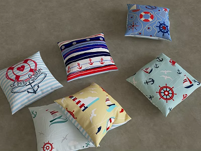 Nautical Themed Decorative Pillows With Anchor Steering Wheel Lifebuoy Stripes And Sailboats 3d model