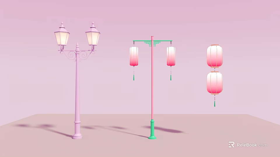 Pink Green Lanterns On Lamp Post With Hanging Stacked Decorative Designs 3d model 