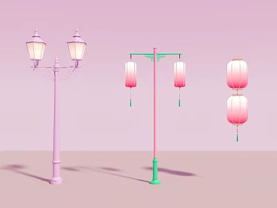Pink Green Lanterns On Lamp Post With Hanging Stacked Decorative Designs 3d model