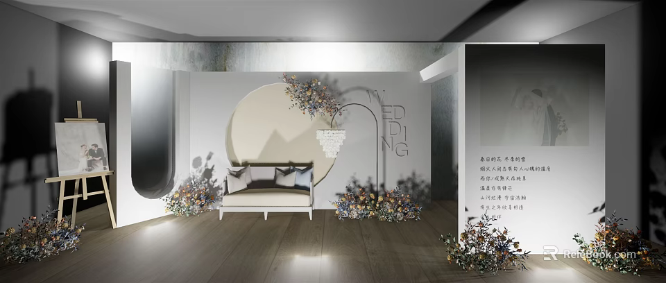 Elegant Wedding Interior With Sofa Round Decor Floral Arrangements And Warm Lighting 3d model 