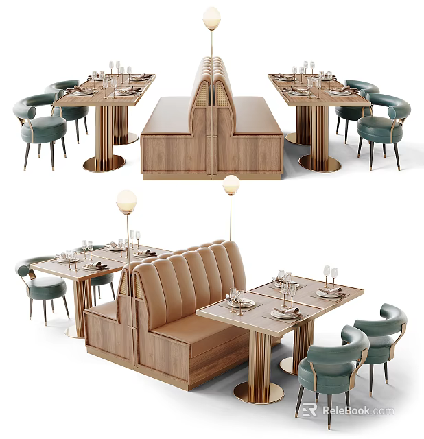 Modern Restaurant Public Seating With Wooden Bench Teal Chairs And Table Settings 3d model 