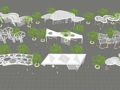 Modern Sculptural Pergola Design with Green Trees and Open Outdoor Recreational Space for Public 3d model