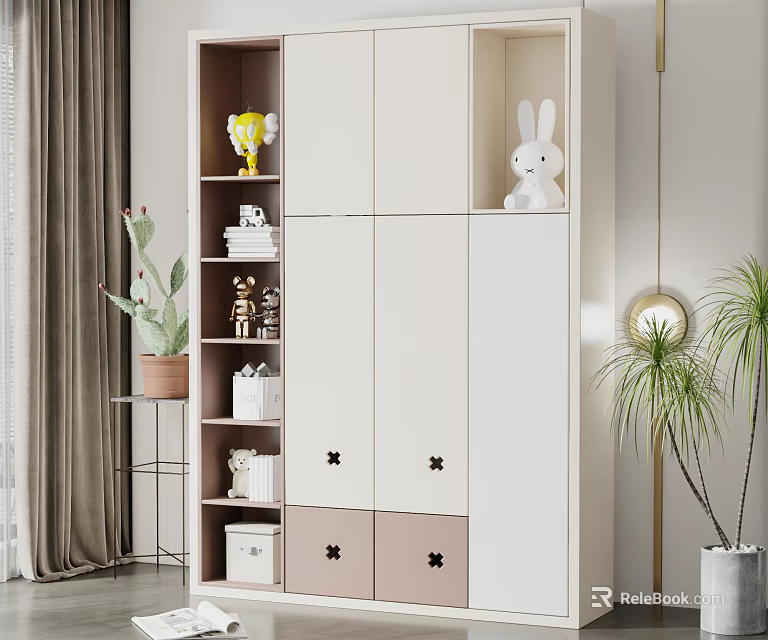 Modern White And Pink Wardrobe With Multiple Doors Drawers Decorative Rabbit Doll And Potted Plants 3d model 