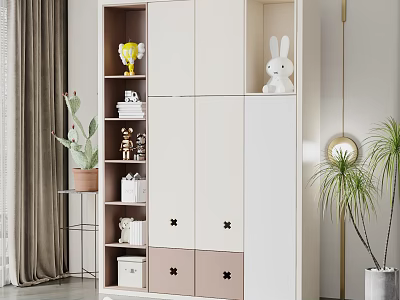 Modern White And Pink Wardrobe With Multiple Doors Drawers Decorative Rabbit Doll And Potted Plants 3d model
