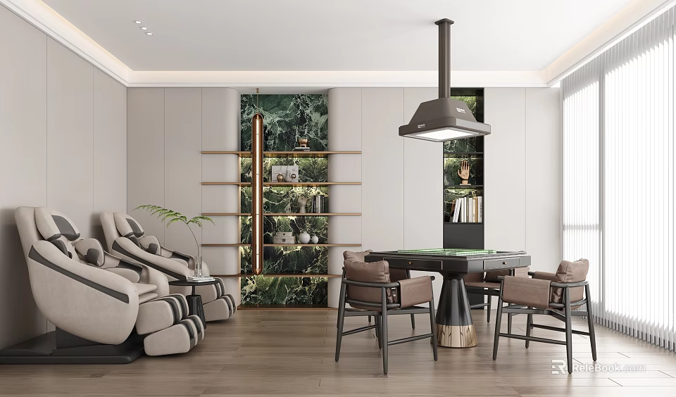Modern Leisure Room With Massage Chairs Mahjong Table And Greenery Shelves 3d model 