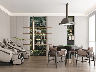 Modern Leisure Room With Massage Chairs Mahjong Table And Greenery Shelves 3d model