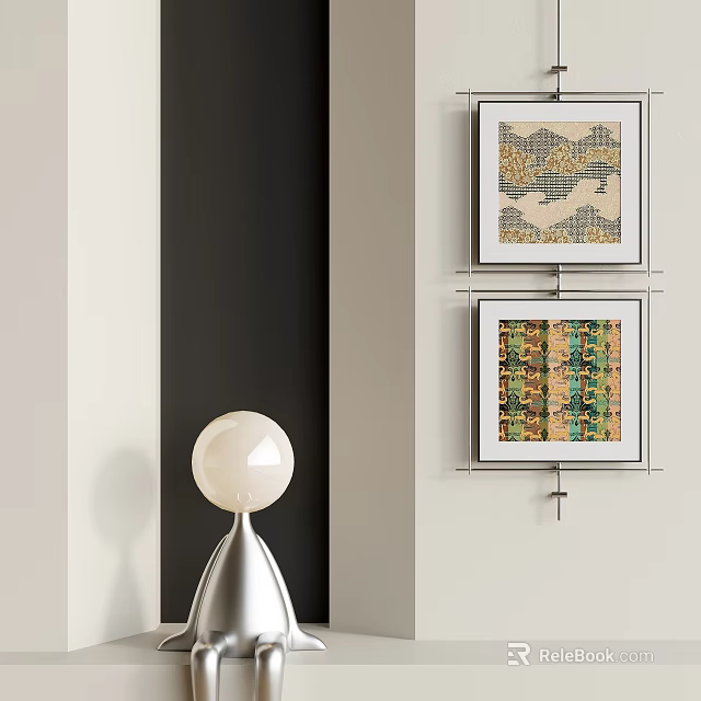 Two Abstract Paintings on Wall with White Spherical Lamp Interior Decor 3d model