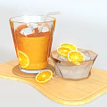 Refreshing Orange Beverage with Ice Cubes Orange Slices and Straw on Wooden Tray