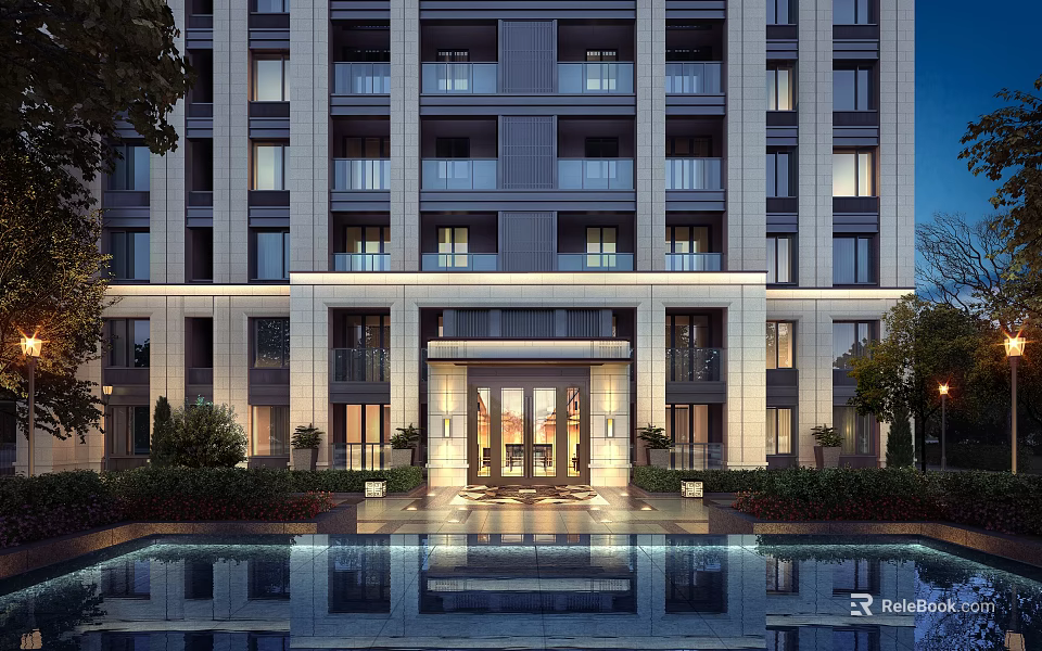 Modern High Rise Residential Building With Illuminated Entrance And Pool Reflection 3d model 