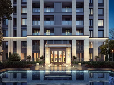 Modern High Rise Residential Building With Illuminated Entrance And Pool Reflection 3d model