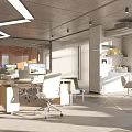 Modern Public Office Space With Workstations Computers Accent Chairs And Geometric Wall Decor 3d model