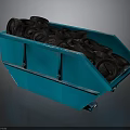 Heavy Duty Blue Dumpster Filled With Stacked Black Rubber Tires