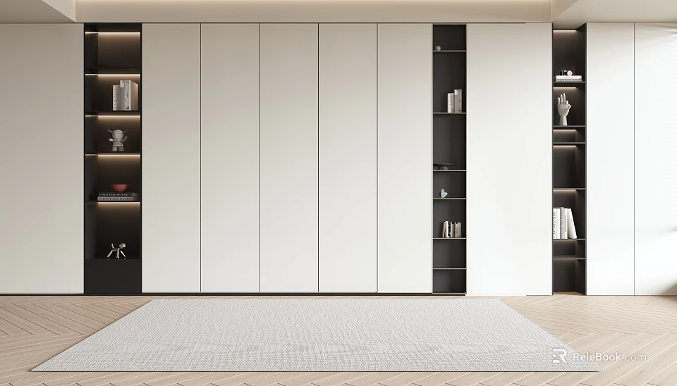 Modern Light Luxury Decorative Cabinet With White Doors Black Open Shelves And LED Strip Lights 3d model 