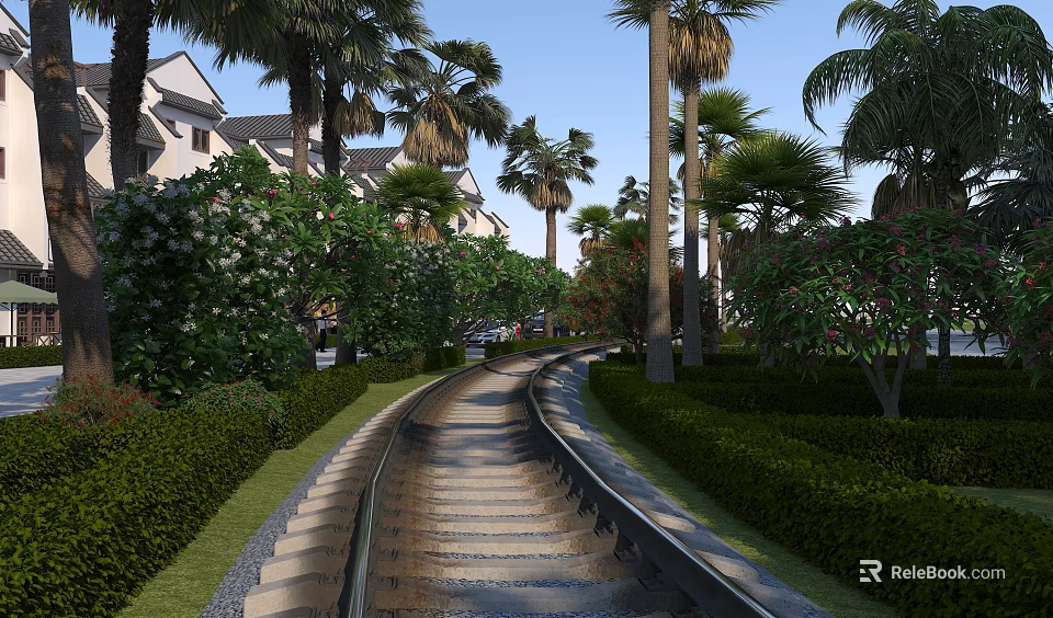 Curved Stone Path Road Facilities With Green Bushes Palm Trees And White Buildings Blue Sky 3d model 