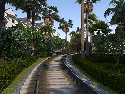 Curved Stone Path Road Facilities With Green Bushes Palm Trees And White Buildings Blue Sky 3d model