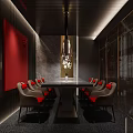 Luxurious Restaurant Interior With Black Marble Floors Red Floral Decor And Modern Lighting