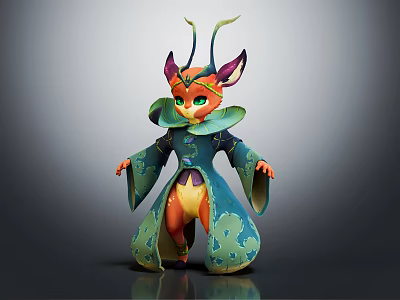Fantasy Character Creature With Green Eyes Pointed Ears Orange Body Blue Robe And Green Patterns 3d model