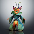 Fantasy Character Creature With Green Eyes Pointed Ears Orange Body Blue Robe And Green Patterns