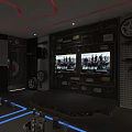 Modern KTV Lounge Interior With Red Neon Ceiling Black White Geometric Walls And LED Glass Tables