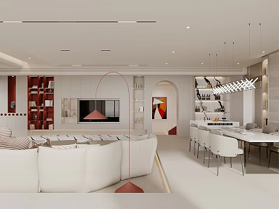 Modern Living Dining Room Interior Design With White Sofa Dining Table And Pendant Lights 3d model