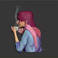 Pink Haired Girl With Steam Creature Holding Warm Cup Against Dark Background