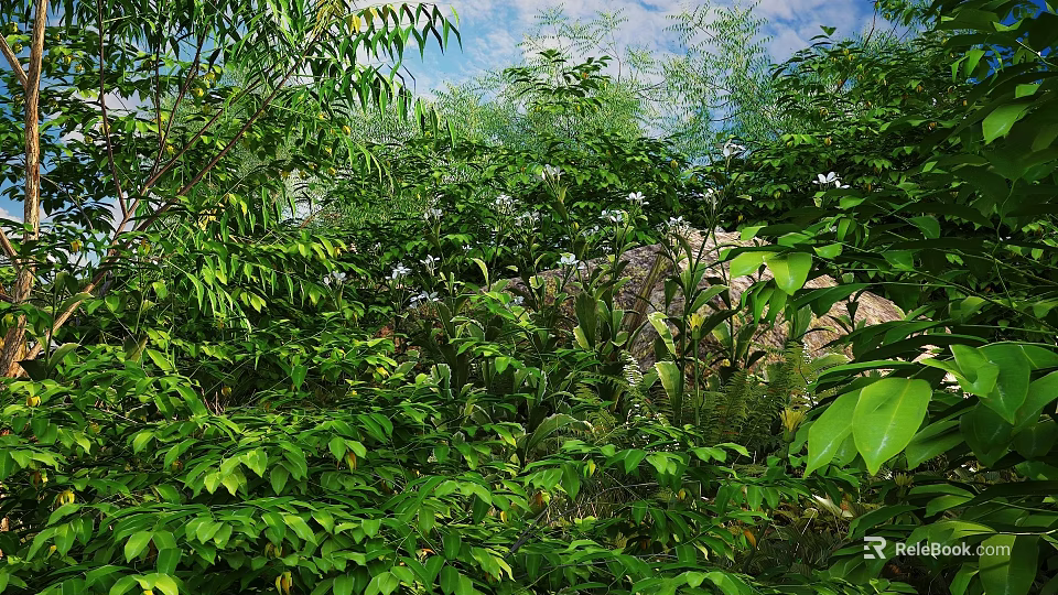 Lush Green Shrubbery With White Flowers Growing In Natural Rocky Setting Under Blue Sky 3d model 