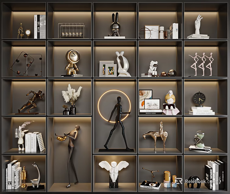 Stylish Decorative Ornaments Set With Sculptures Figurines And Geometric Decor On Display Shelf 3d model 