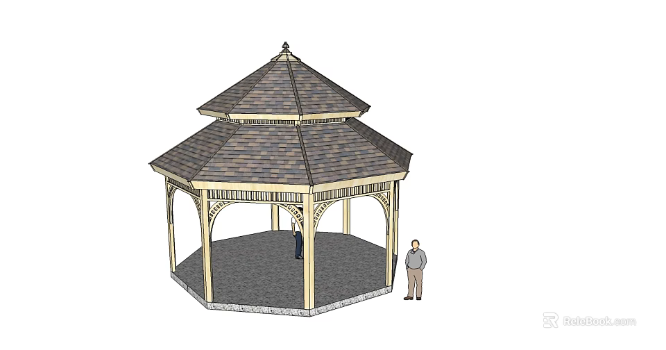 Octagonal Gazebo Featuring Multi Tiered Roof Columns And Paved Floor With People Nearby 3d model 