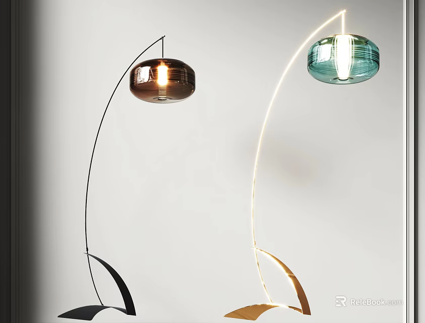 Modern Curved Floor Lamps With Black Gold Bases And Copper Green Glass Shades 3d model 