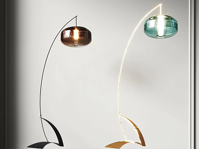 Modern Curved Floor Lamps With Black Gold Bases And Copper Green Glass Shades 3d model