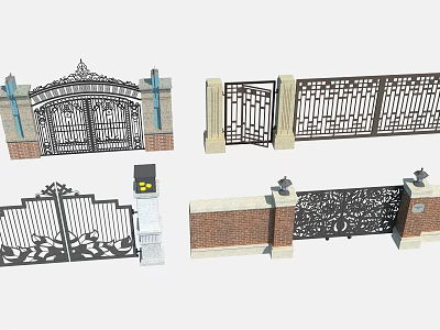 Decorative Wrought Iron Entrance Gate with Ornate Patterns Brick Pillars and Lamp Posts 3d model
