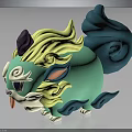 Cute Creature Character With Green Body Yellow Mane Purple Horn Blue Tail Sticking Tongue