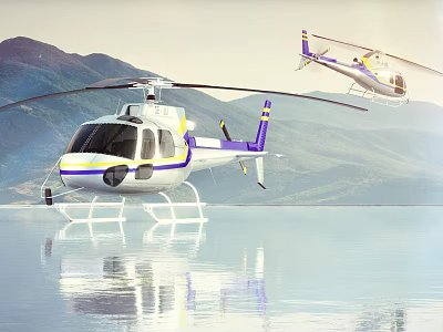 Two White Helicopters With Blue Stripes Mountain Background And Water Reflection 3d model