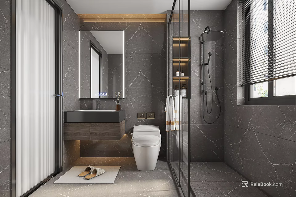 Modern Luxury Dark Marble Bathroom Interior With Smart Toilet LED Mirror And Glass Shower Enclosure 3d model 